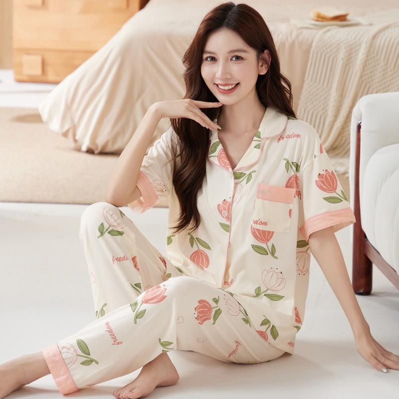 High-value pajamas women's spring and summer thin imitation cotton short-sleeved trousers middle-aged mother casual loungewear suit