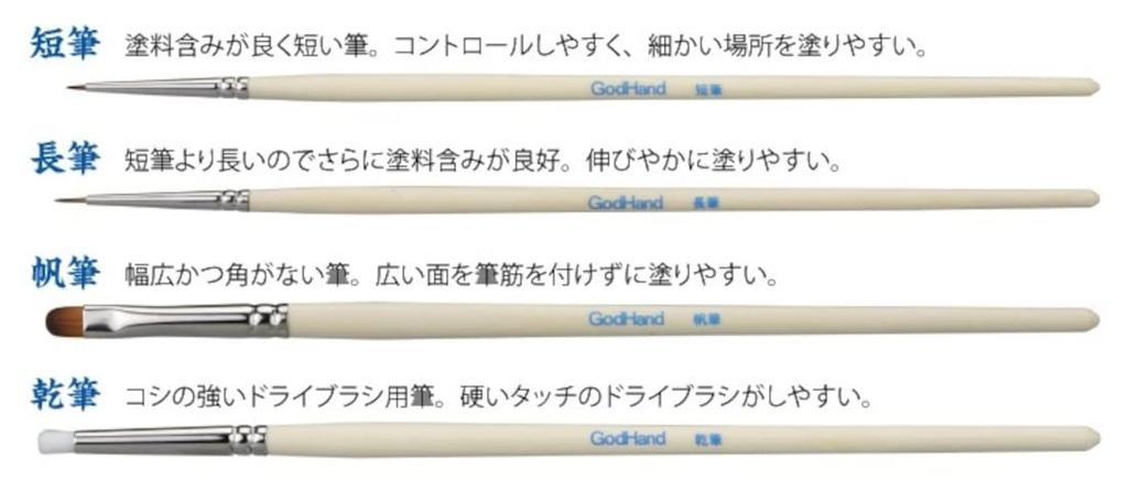 GodHand Kamifude Sennin Brush Set of 4 Painting Brush Plastic Model Tool White (Short Brush/Long Brush/Sail Brush/Dry Brush) GH-BRSP-SN-SET