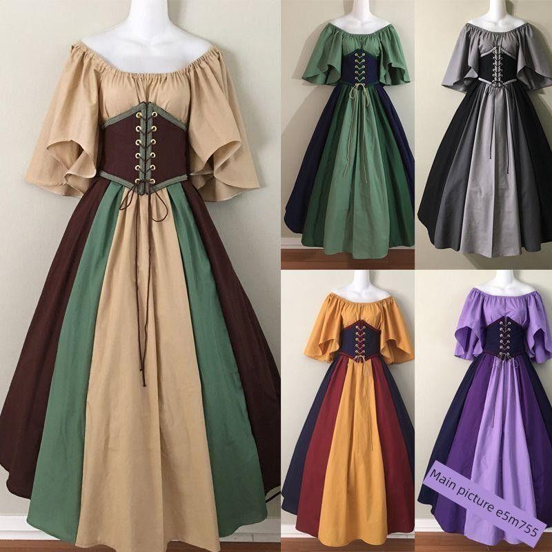 European and American Style Off-Shoulder Dress for Women, Medieval Retro Color-Blocking with Flutter Sleeves, Tie-Waist, and Large Hem Skirt