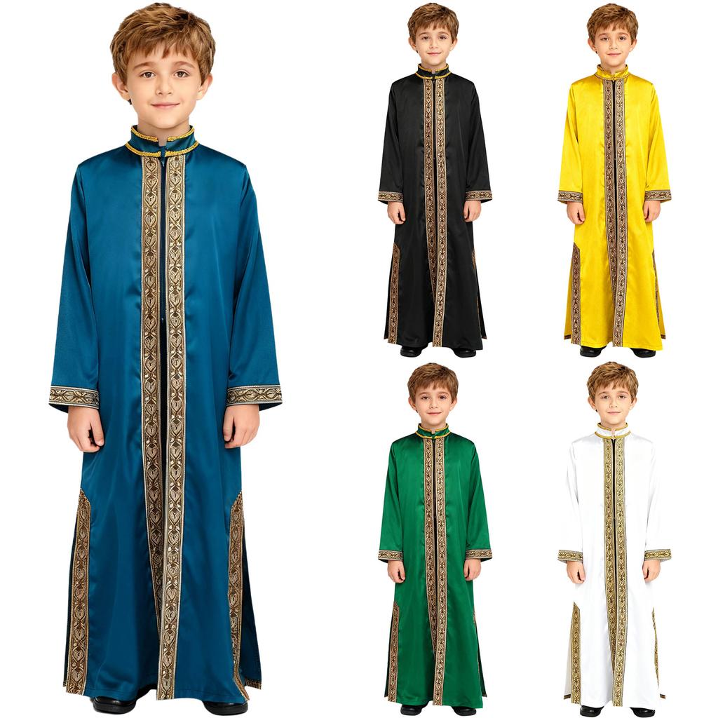 Boys Arab Gown Islamic Robe Long Sleeve Stand Collar Gold Embroidery Maxi Kaftan Festival Holiday Costume