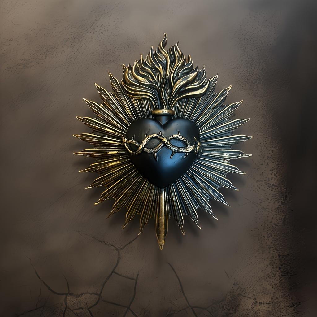 Gothic Sacred Heart Firework Statue Wall Decor, Resin Plaque: Exquisite Embossed Design—Perfect for Decoration,Enhances Ambiance