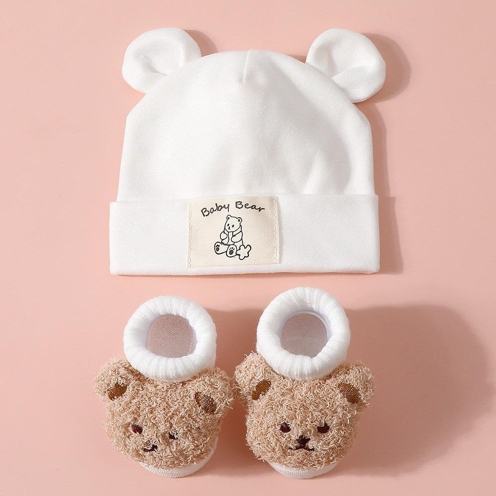 2Pcs/Set Warm Bear Ear Beanie Cotton Infant Cap Socks Cute Baby Turban Socks Autumn Winter