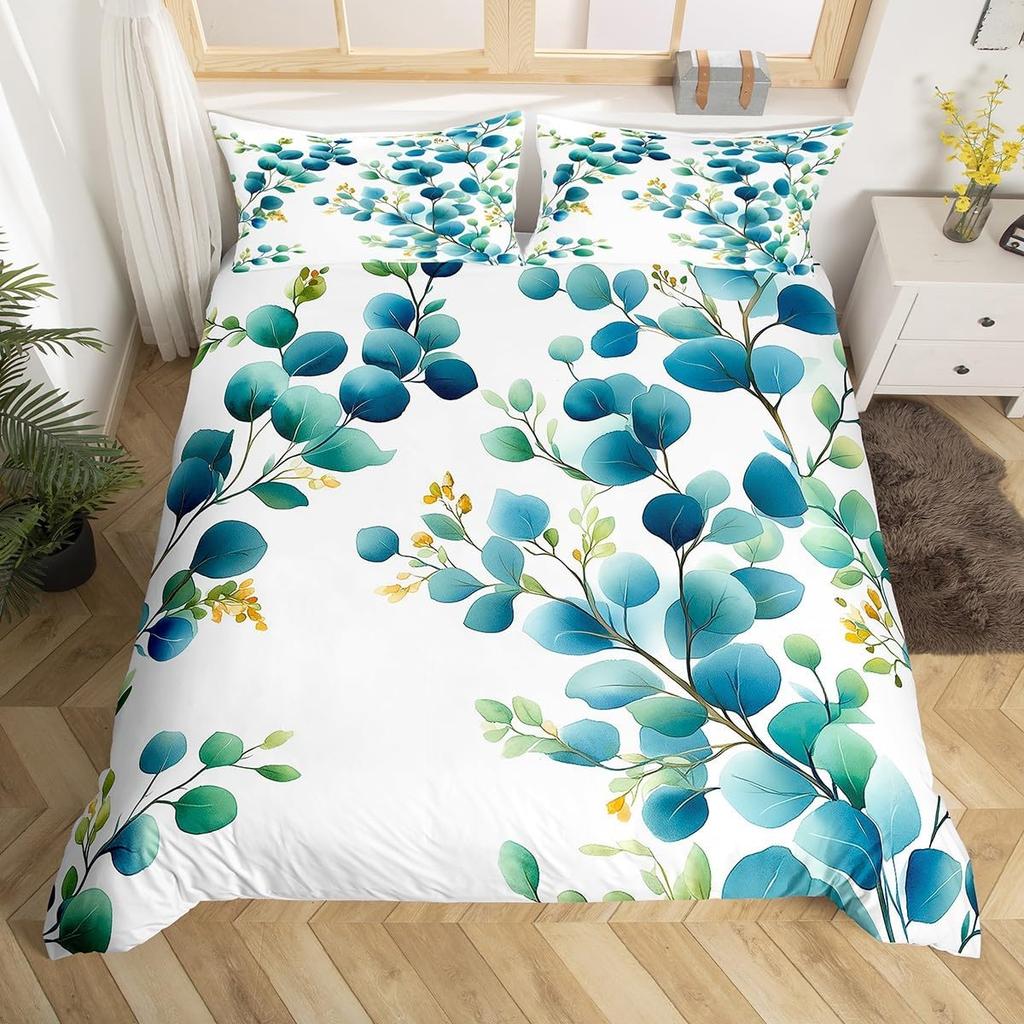 Sage Green Botanical Comforter Cover Eucalyptus Leaves Duvet Cover Spring Watercolor Plants Bedding Set Rustic Farmhouse Bed Set