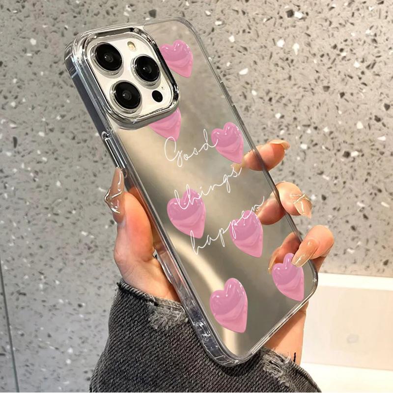 Розовый чехол-зеркало с узором в виде сердечек для iPhone 17 16 Plus 15 14 11 12 13 Pro Max 17E 16E Ударопрочный мягкий защитный задний чехол
