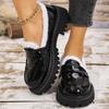Fashion Thicken Short Plush Loafers Shoes Women Winter Faux Pu Leather Slip On Warm Shoes Woman Plus Size Platform Cotton Shoes Lady