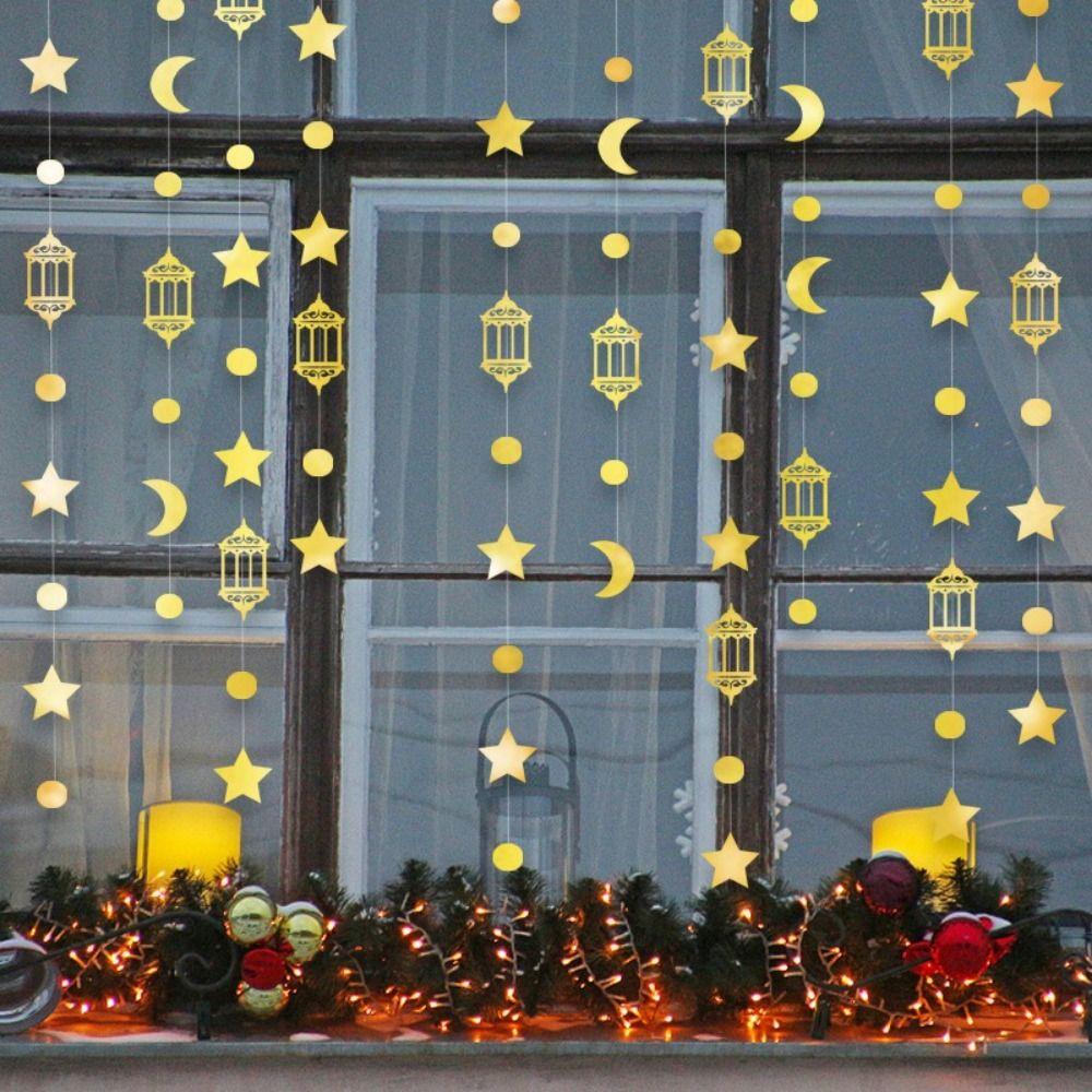 Gold Silver Eid Mubarak Banners DIY Paper Pull Flag Star Moon Lantern Glitter Paper Ceiling Hanging Hang Garland