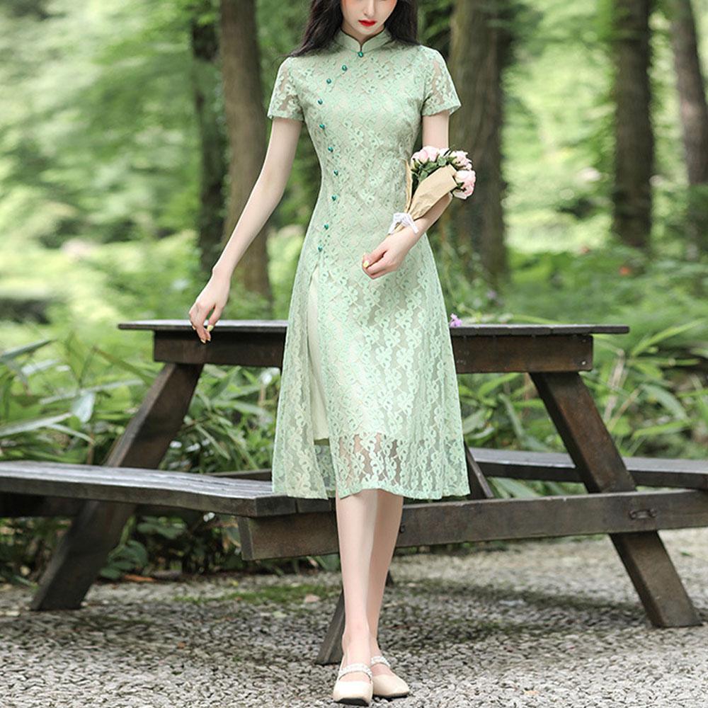 Кружевное повседневное платье Cheongsam средней длины с низким вырезом, облегающее платье больших размеров в китайском стиле Ao Dai
