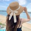 Women Fashion Straw Hat with Bow Ribbon Summer Anti-UV Sunshade Visors Seaside Vacation Beach Cap Flat Top Streamer Bows Sun Hat