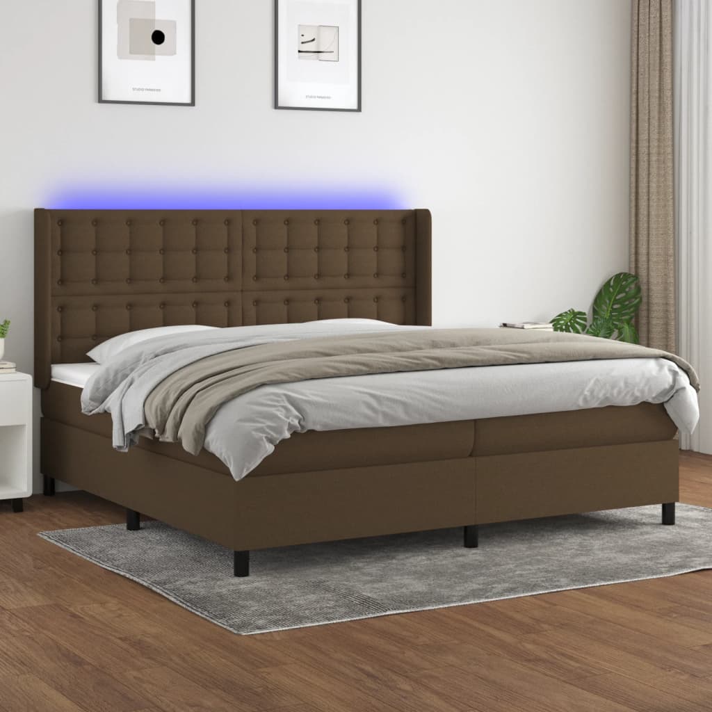 Box Spring Bed with Mattress & LED Dark Brown 200x200 cm Fabric