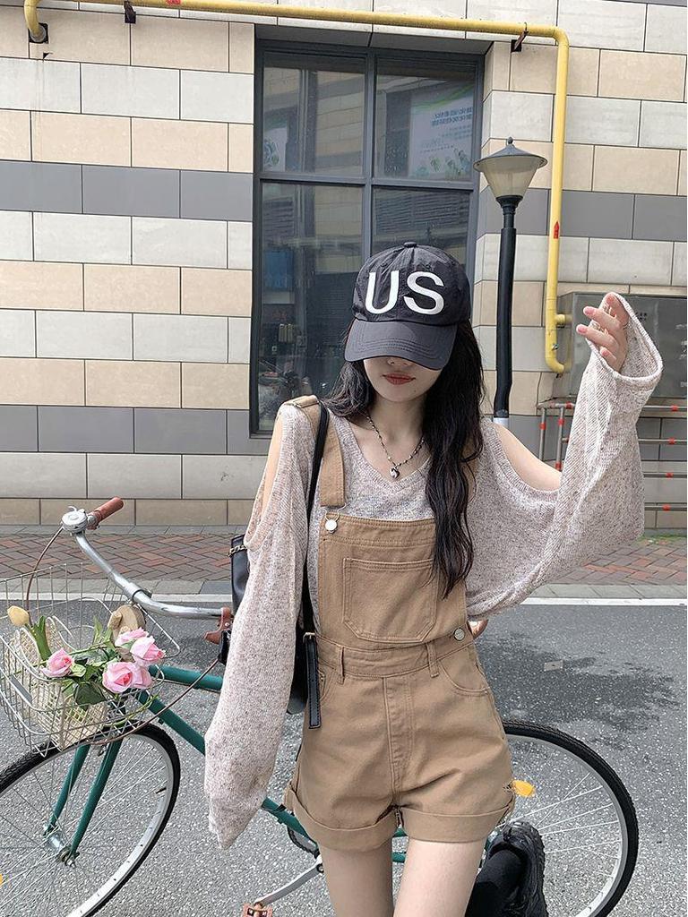 Солнцезащитная рубашка с открытыми плечами и универсальные джинсовые шорты-комбинезон для женщин