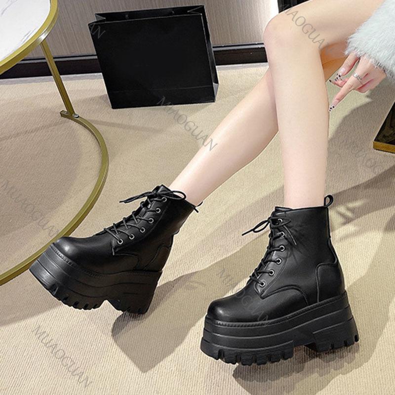 Fashion Women Platform Boots Casual 12CM Chunky High Heels Lace Up Ankle Boots for Women Nightclub Party Black White Heightening Botas