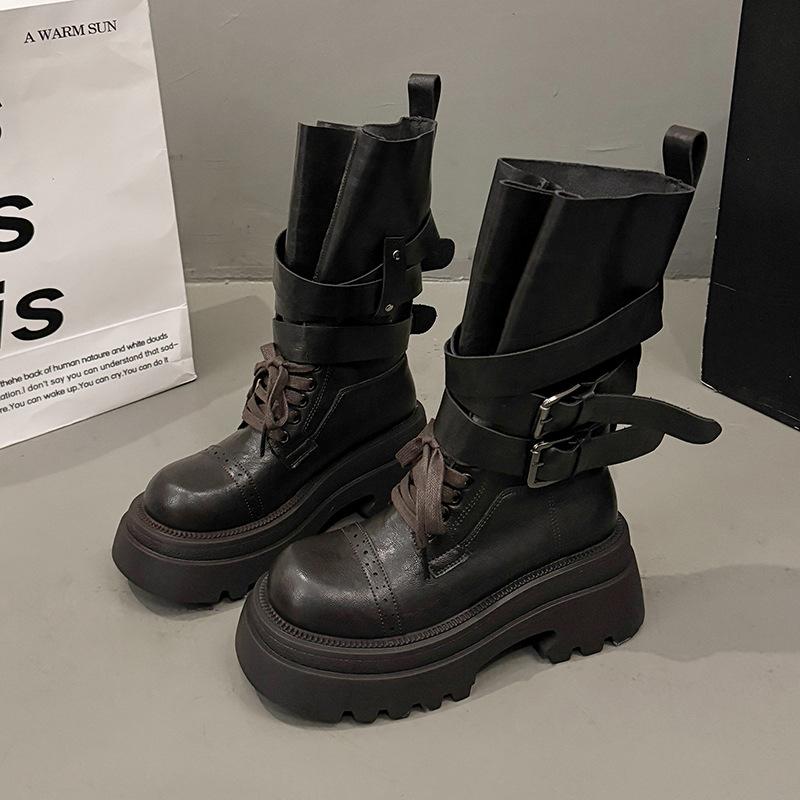 Черные ботинки Мартин женские 2025 новые осенние одинарные ботинки ретро британский стиль толстая подошва увеличивающие рост западные ковбойские короткие ботинки
