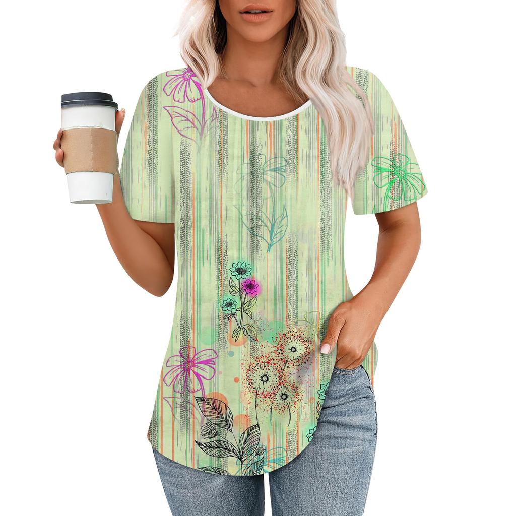 Женская модная повседневная плиссированная футболка с короткими рукавами и круглым вырезом с градиентным принтом