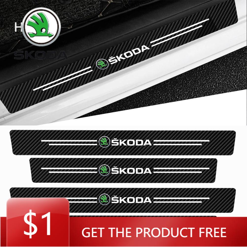 Car Sticker New Leather Car Door Plate Sill Anti Scuff Protector Welcome Pedal Guard Sticker For Skoda Kodiaq Superb 2 3 Rapid F NL6