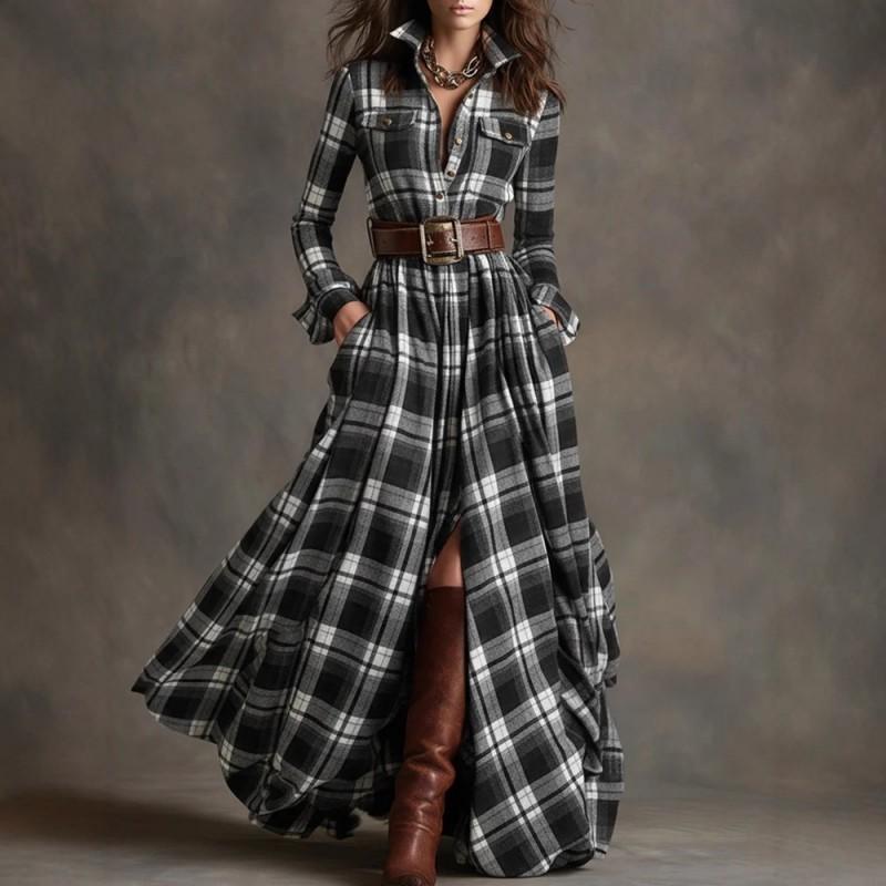 Plus Size Womens French Vintage Plaid Wrap Asymmetrical Midi Dress With Belt Long Sleeve A-Line Skirt Casual
