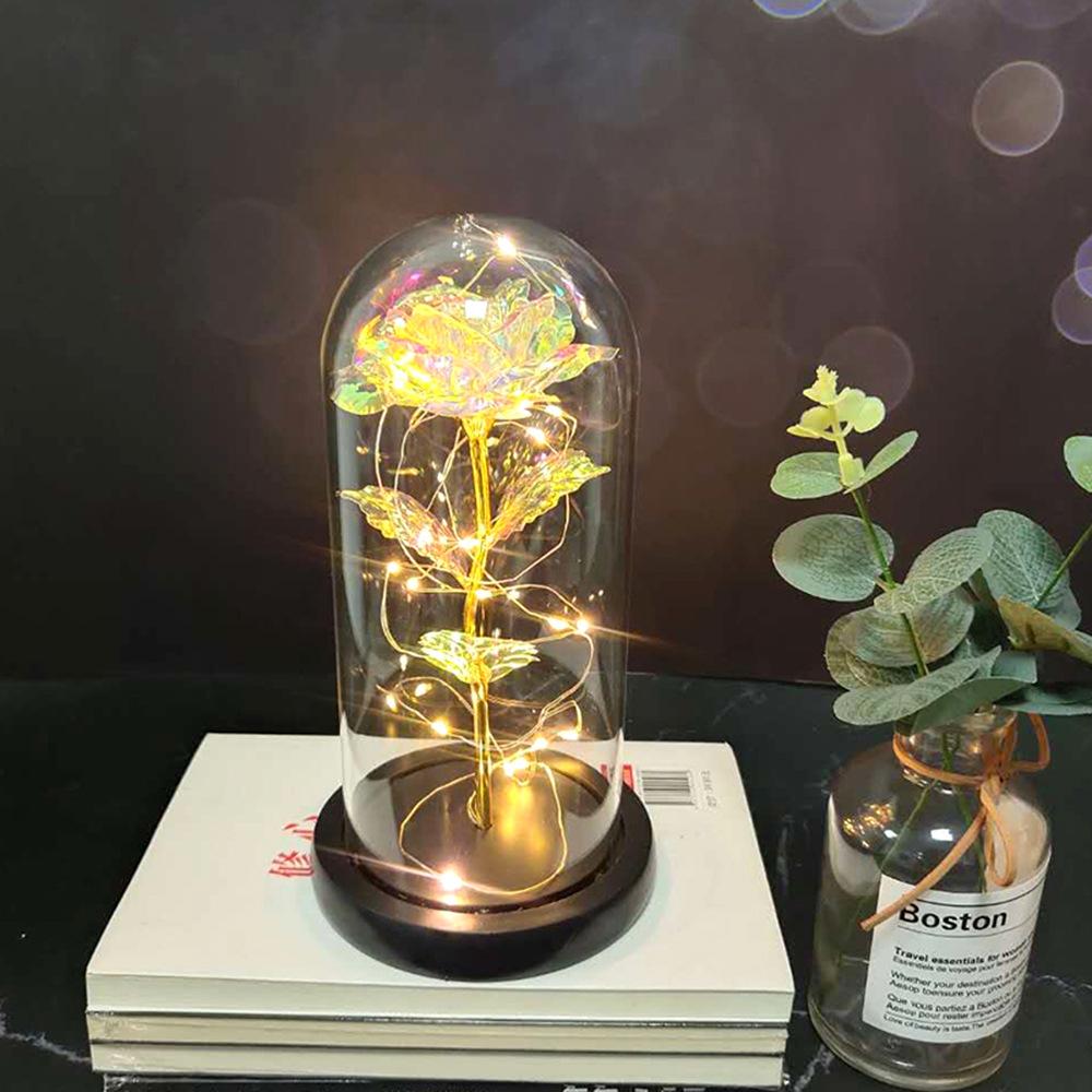 Фабричное золотое полотно Роза Цветок Стеклянный колпак Светодиодная лампа Имитация цветка Подарок на День святого Валентина Креативный подарок Украшения