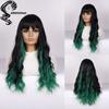 Green Wig with Bangs Blue Color Wig Wet and Wavy Long Loose Curly Wave Synthetic Heat Resistant Fiber Black Ombre Green Hair Wig for Women