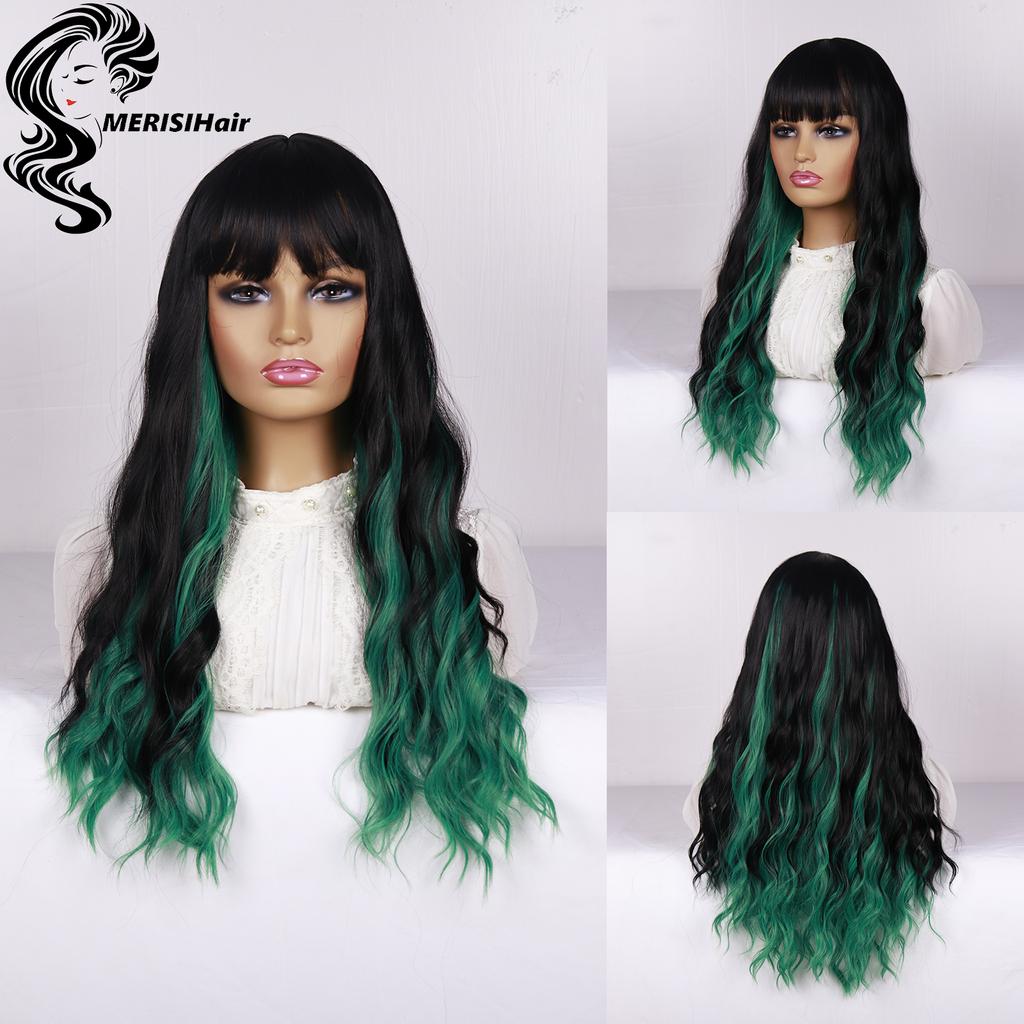 MERISIHAIR Green Wig with Bangs Blue Color Wig Wet and Wavy Long Loose Curly Wave Synthetic Heat Resistant Fiber Black Ombre Green Hair Wig for Women