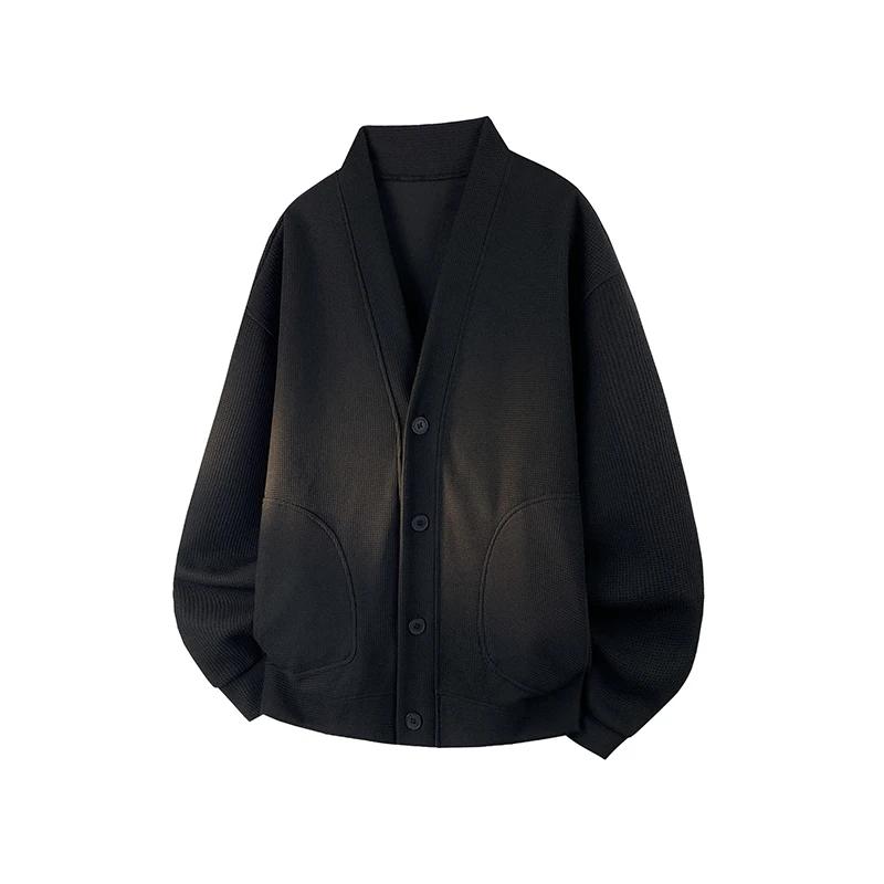 Мужские свитшоты однотонные, весна-осень 2026, мужской вязаный кардиган, мужские повседневные толстовки свободного кроя, мужские куртки с V-образным вырезом, верхняя одежда