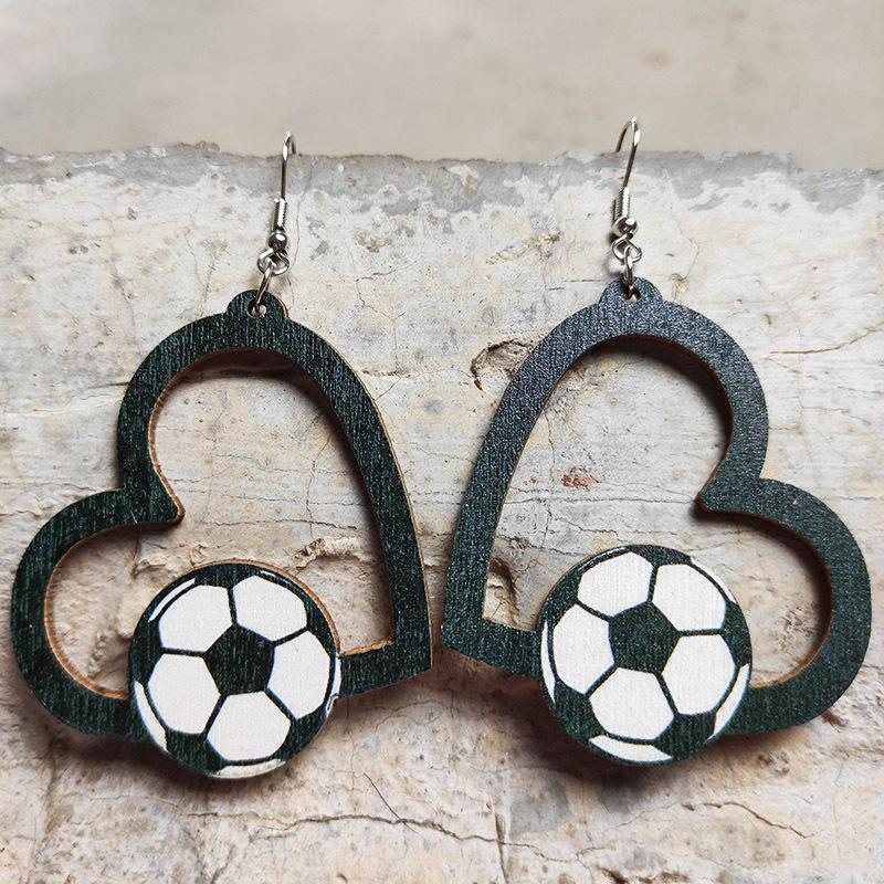 Heart-shaped sports earrings, football, World Cup, baseball, rugby, basketball, tennis, volleyball, geometric hollow earrings