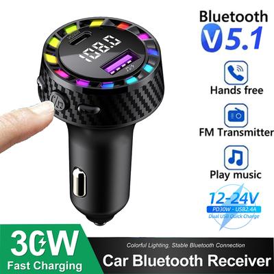 Автомобильное зарядное устройство с FM-передатчиком Bluetooth 5.3, двумя портами USB и Type-C, быстрой зарядкой, MP3-плеером, функцией громкой связи, совместимостью с напряжением 12–24 В