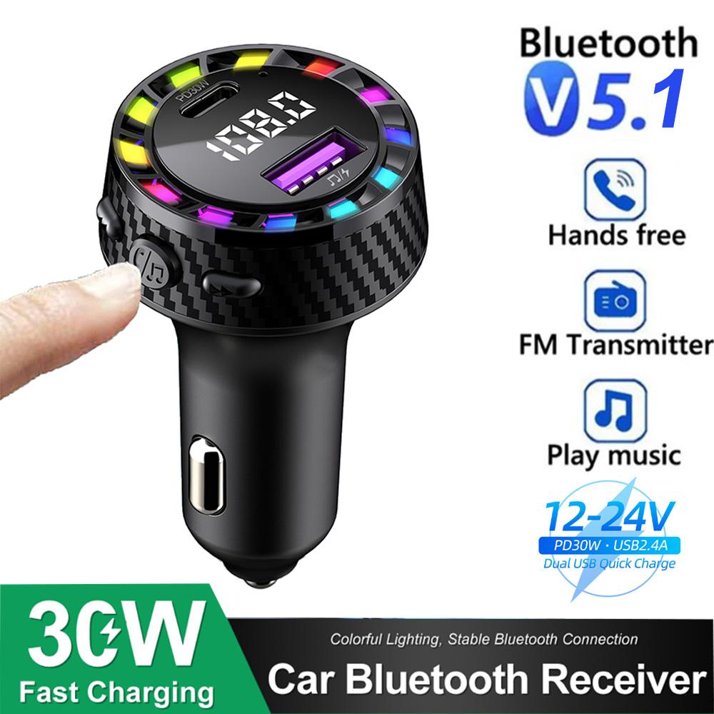 Bluetooth 5.3 FM Transmitter Car Charger with Dual USB & Type-C Fast Charging, MP3 Player, Hands-Free Calls, 12-24V Compatibility