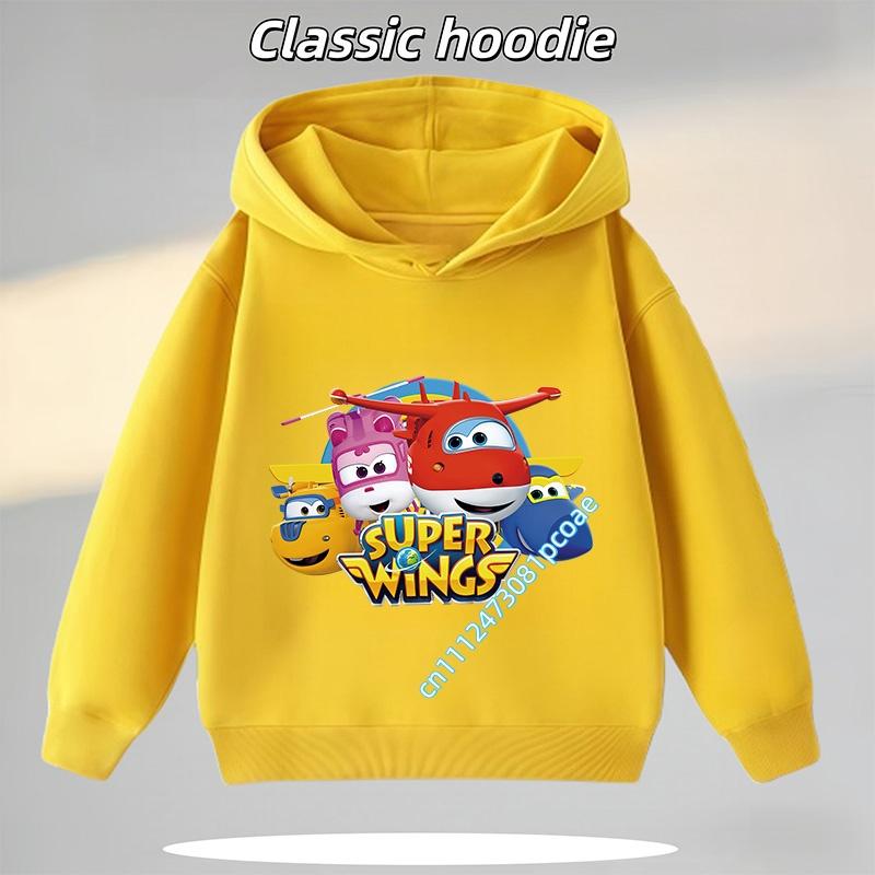 Super Wings Boys' Sports Shirt, Girls' Casual Top, Children's Hooded Sweatshirt, Cartoon Print, Autumn/Winter Long-Sleeve