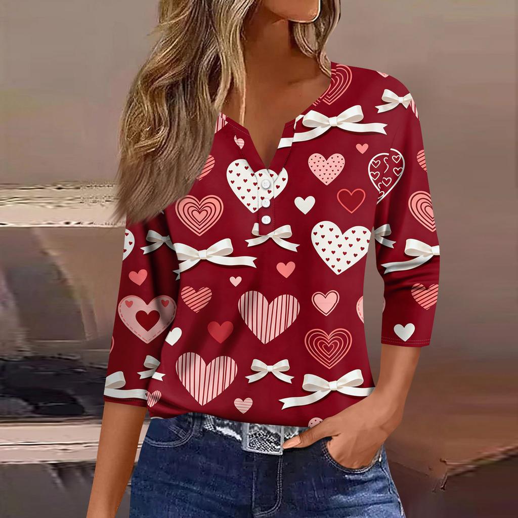 Женская модная рубашка на пуговицах с V-образным вырезом, рукавом три четверти, с принтом ко Дню святого Валентина