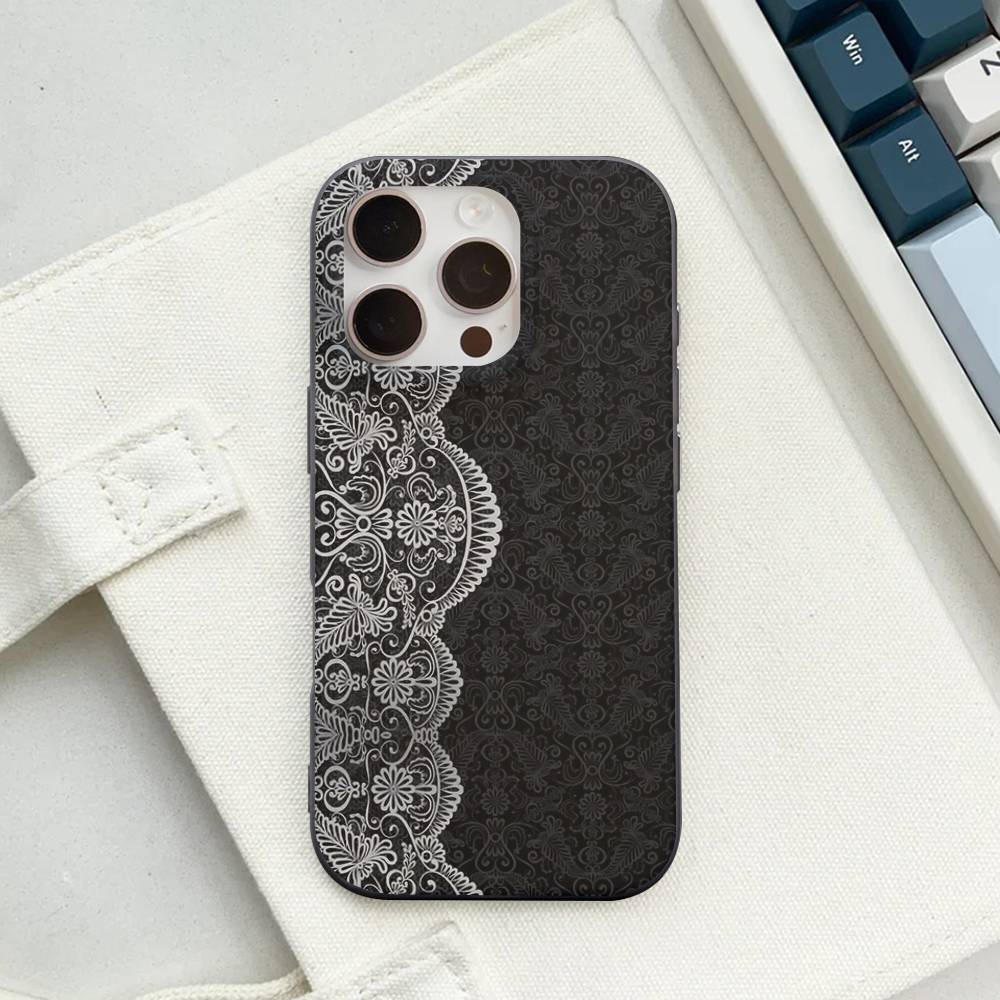 Black Lace Pattern Personalized Mobile Phone Case For IPhone 17 16 15 11 12 13 14 Pro Max Soft Corrugated Silicone Cover Case