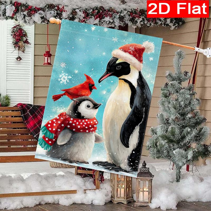 2D Flat - 2D Flat - 2D Flat, 2D Flat Christmas Penguins And Cardinals Christmas Garden Flag_3-28X40 Inch Outdoor Garden Flag Double-Sided Home Decorat