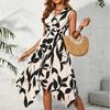 Long Sleeveless Mid Length Skirt with Leaf Print Twisted Irregular Dress for Women