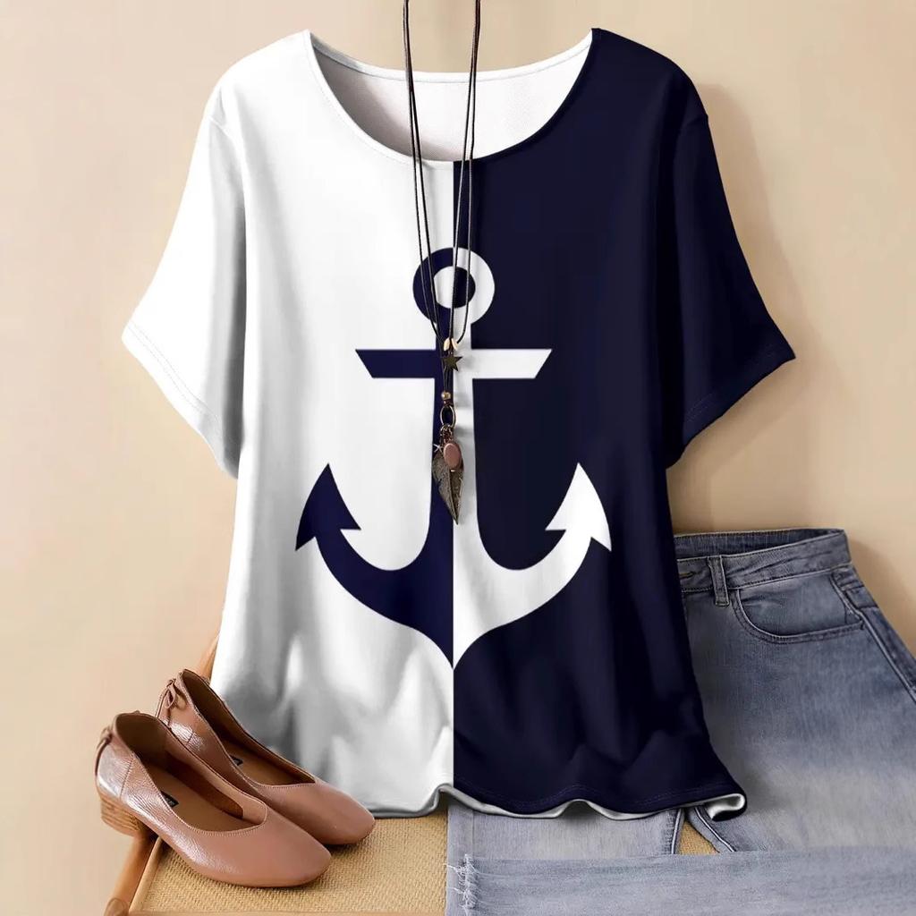 XL-7XL Плюс Размер Короткие Рукава Круглый Вырез Футболка Для Женщин Топы 3D Печать С Якорем Рисунок Футболки
