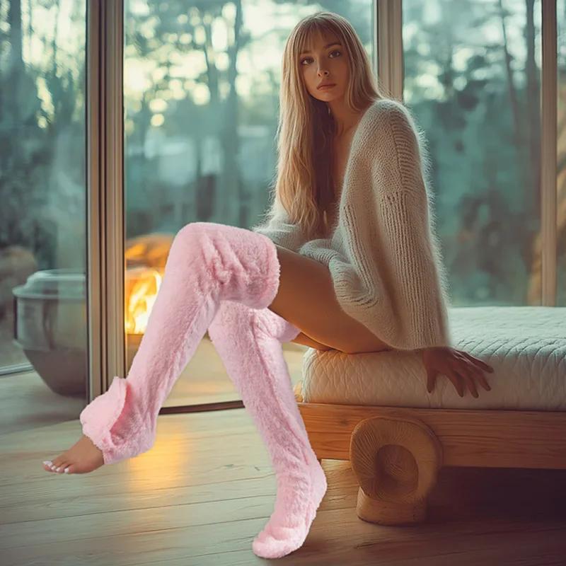 Черные, фиолетовые, розовые, серые, домашние носки, сапоги, горячие, пушистые, высокие носки, плюшевые ножки, леггинсы, тапочки выше колена, мохнатые чулки