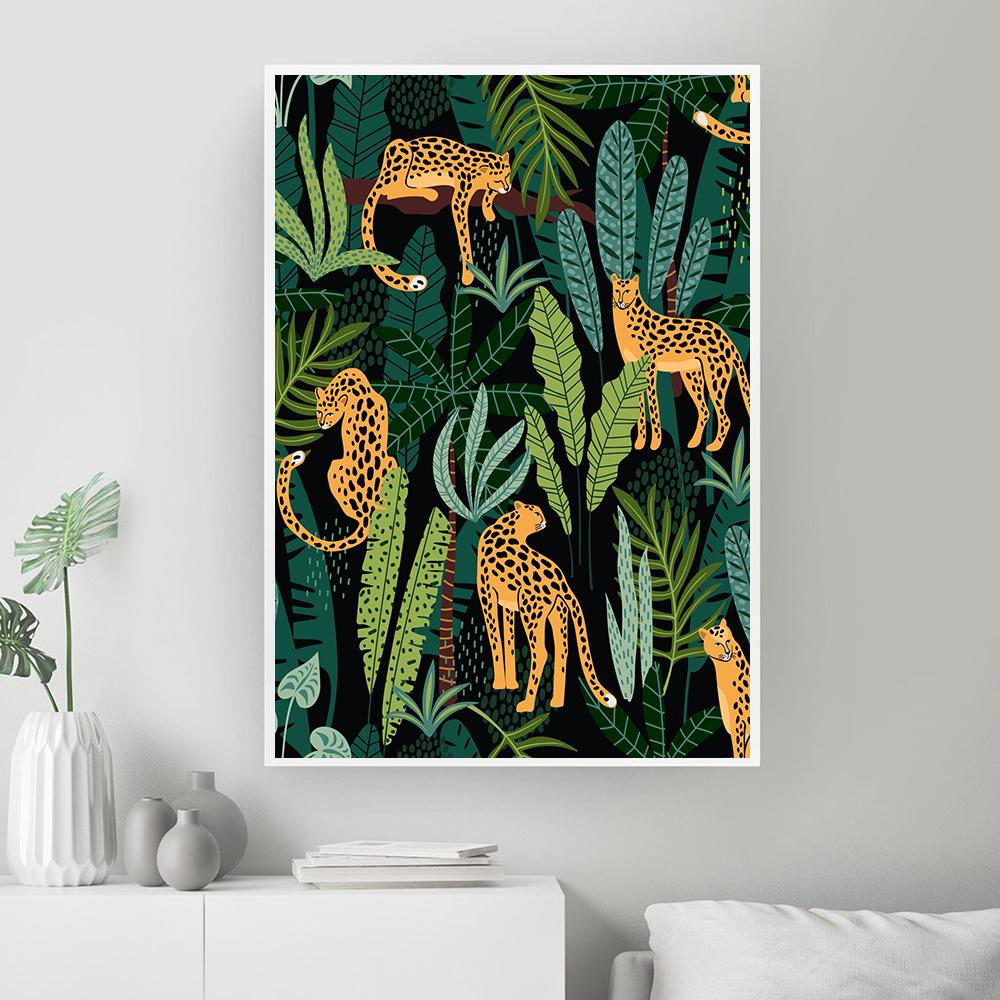 Куадрос тропические леопардовые животные джунгли постеры и принты листья монстеры настенная живопись на холсте картины для декора гостиной