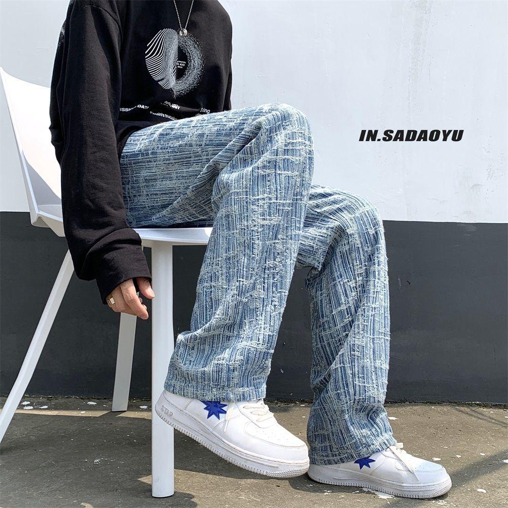 Мужские модные джинсы Мужская уличная одежда Хип-хоп Свободные прямые джинсовые брюки Мужские брюки