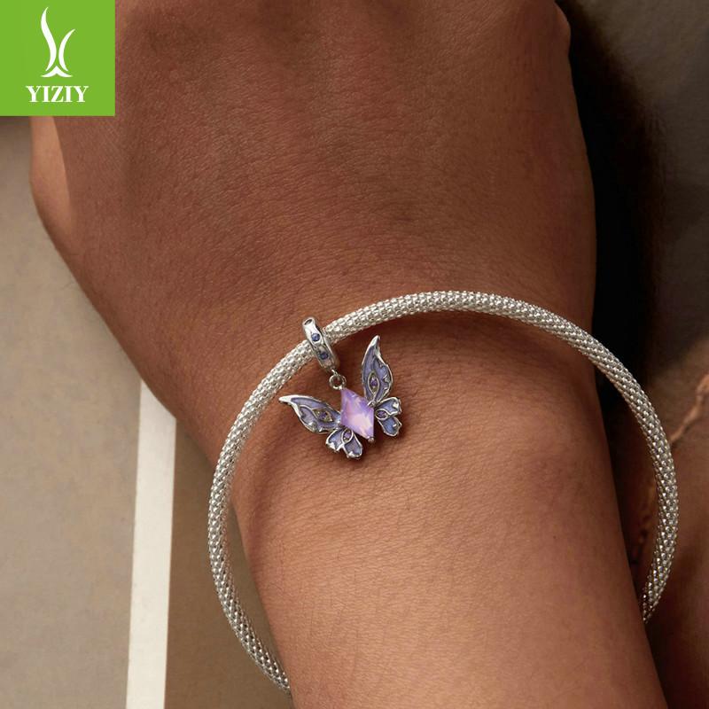 Винтажный Волшебная Бабочка Сделай Сам Браслет Ожерелье Подвеска, Фиолетовый Элегантный Стерлинговое Серебро S925 С Бусинами