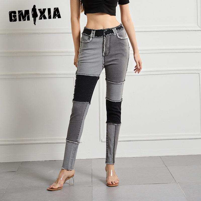GMXIA Женские джинсы скинни с высокой посадкой, высокой эластичностью, узкие брюки, брюки большого размера, необработанный край, пэчворк