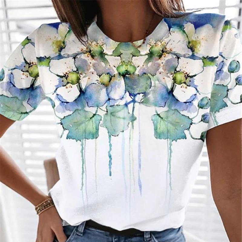 2023 New Women's Summer Short Sleeve T-shirt 3D Floral Print Round Neck Loose Casual Style T-shirt