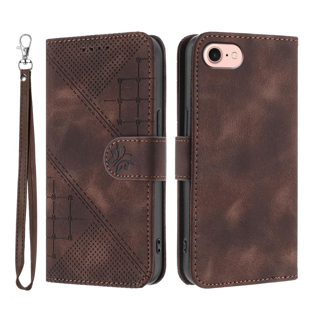 For iPhone 16e Leather Wallet Case Butterfly Flower Imprinted Phone Cover with Strap