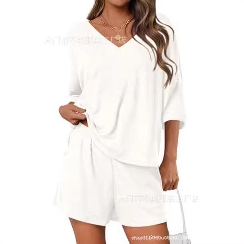 Women's sports and leisure suit Spring and summer European and American women's clothing new seven-quarter-sleeved shorts two-piece set
