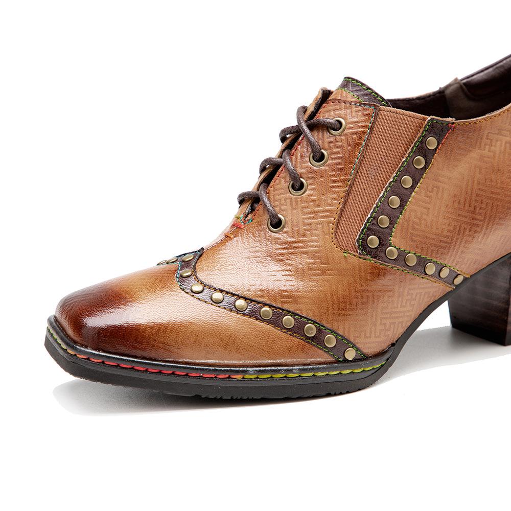 Johnature Женские туфли-лодочки из натуральной кожи, винтажные туфли на высоком каблуке с квадратным носком и заклепками, расписанные вручную, на толстом каблуке со шнуровкой