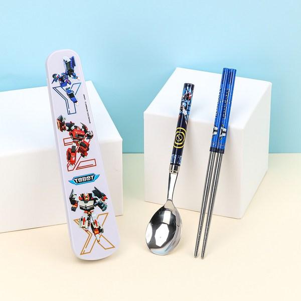 Lilpang Tobot Junior Slim Vacuum Stainless Steel Spoon Case 3P, Mixed Colors, Spoon + Chopsticks + Case, 1 Set
