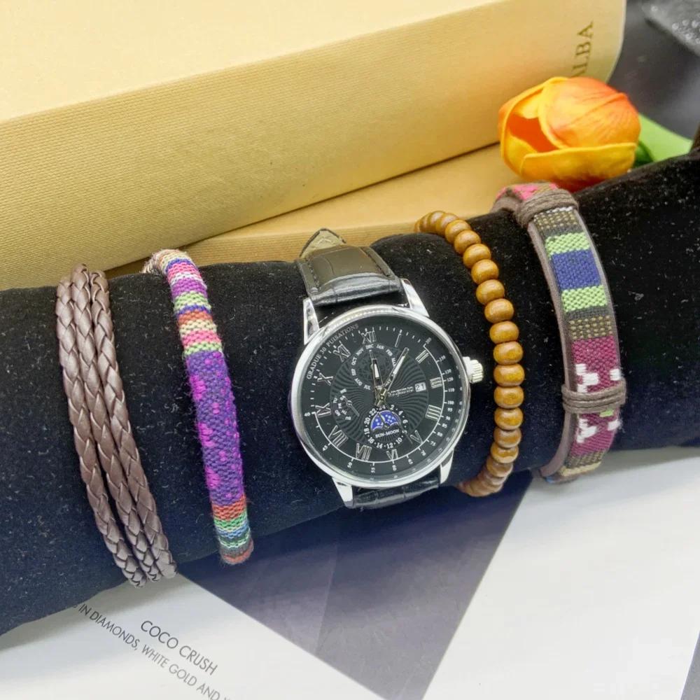 5pc New Men Watches Quartz Watch Sport Chronograph Luxury Men Automatic Date Watches Include Bracelet Box for Any Scene