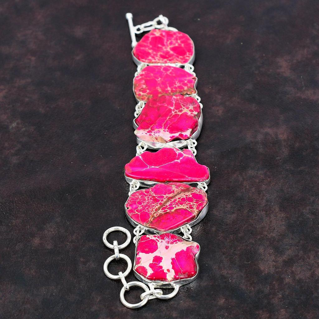 Браслет из яшмы из розового моря, браслет из стерлингового серебра 925 пробы, регулируемый браслет-цепочка, ювелирные изделия ручной работы, браслет из драгоценных камней, подарок для невесты