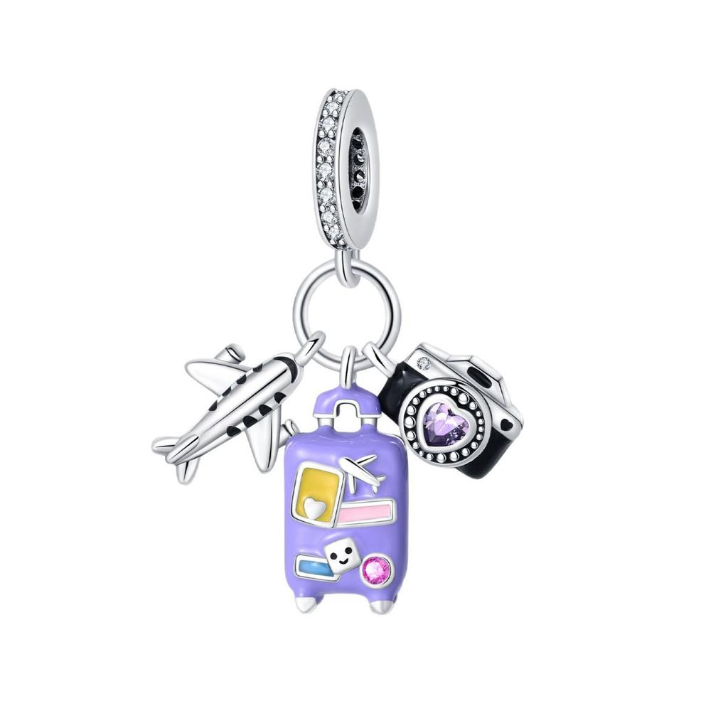 S925 Silver Travel Theme Airplane Luggage Camera Charm Bead DIY Jewelry Bracelet Accessory Set