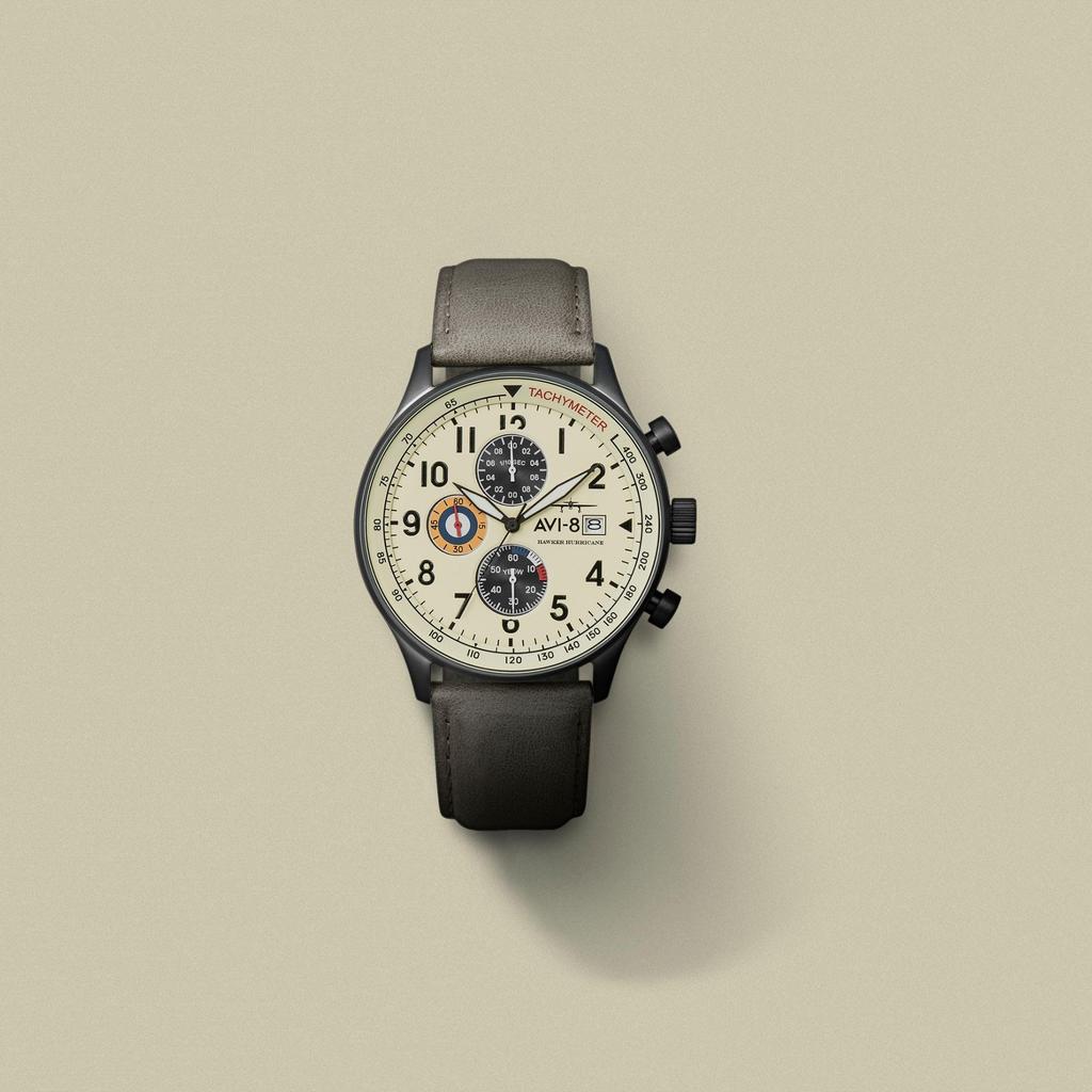 Мужские часы AVI-8 Hawker Hurricane Classic Chronograph 43,5 мм - Корпус из нержавеющей стали, Шкала тахиметра и Отображение даты, Минеральное стекло, Водонепроницаемость 5 АТМ