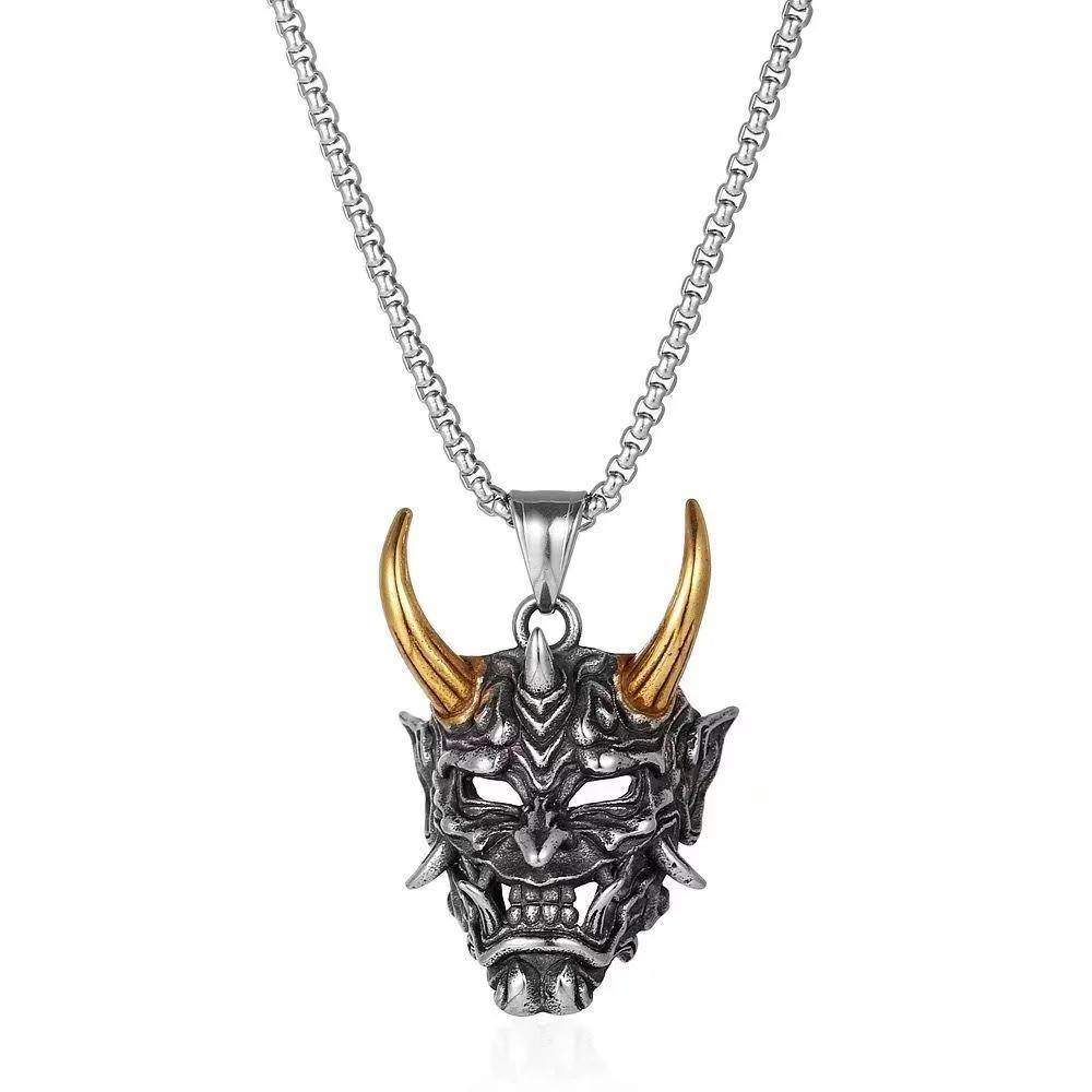 Vintage Japanese Demon Devil Mask Ghost Pendant Necklace Chain Unisex Men Women Fashion Gothic Amulet Talisman Jewelry Party Gift