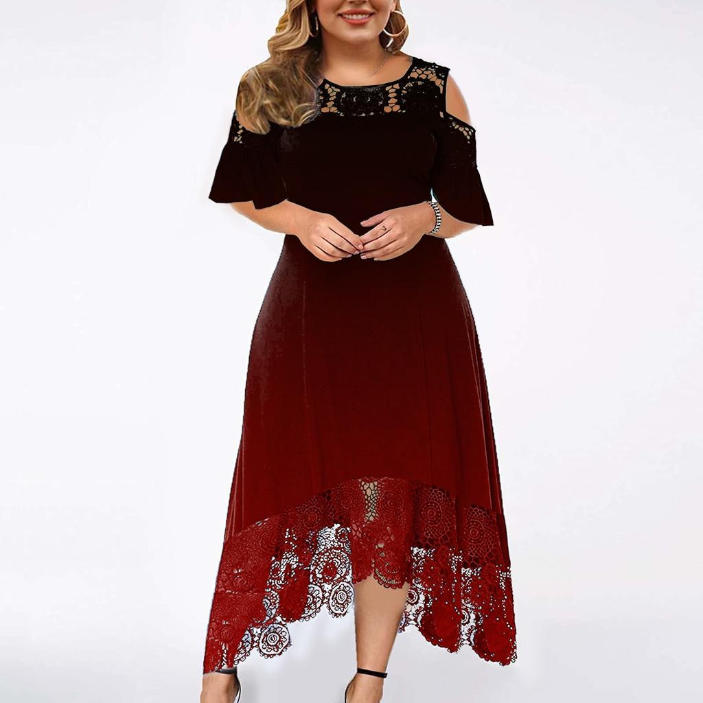 Plus Size Fashion Gradient Print Womens Lace Stitching Ruffle Short-Sleeved Strapless Sheath Dress