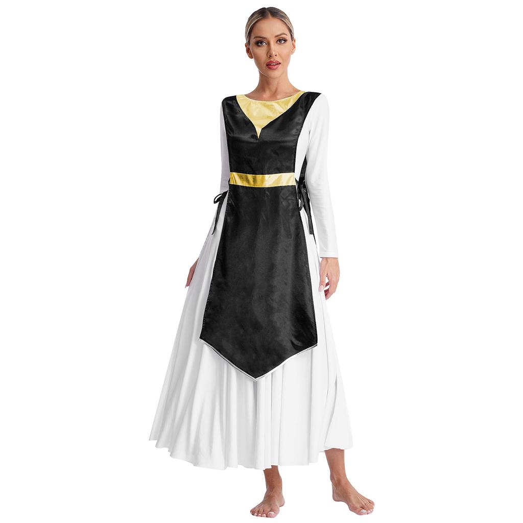 Женское церковное одеяние для хорового выступления, туника, металлизированная пэчворк, шнуровка по бокам, разрезы, атласное платье, танцевальная одежда