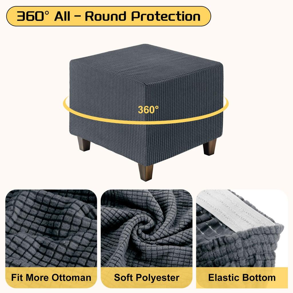 uxcell Square Jacquard Ottoman Slipcover with Elastic Stretch Footrest Stool Cover for Living Room Furniture Protector Medium Bottom, (Light Gray,